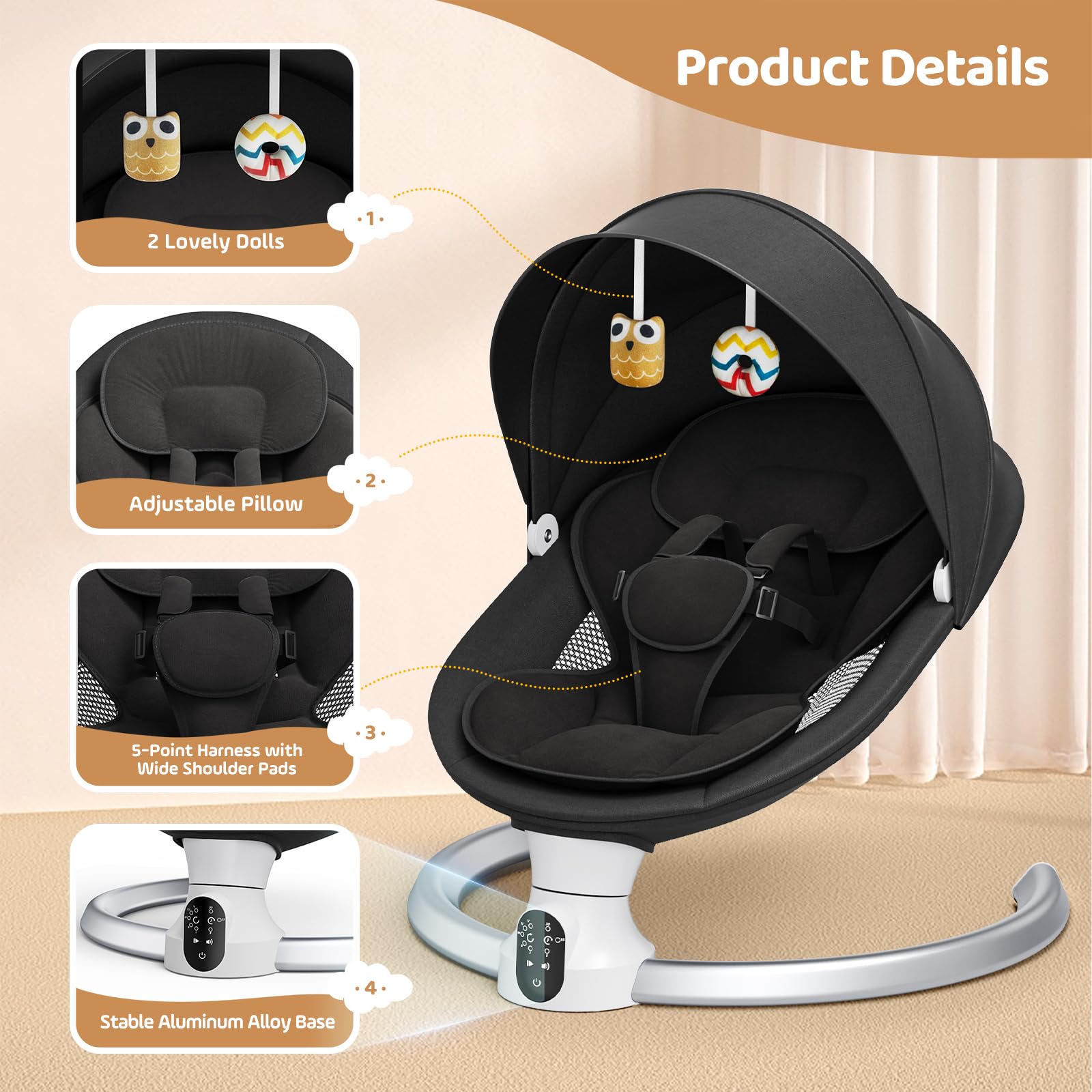 Sdraietta Neonati Elettrica, Dondolo Neonati Elettrico per bambini con telecomando e wireless per stile di controllo APP fino a 9 kg di peso con imbracatura di sicurezza a 5 punti