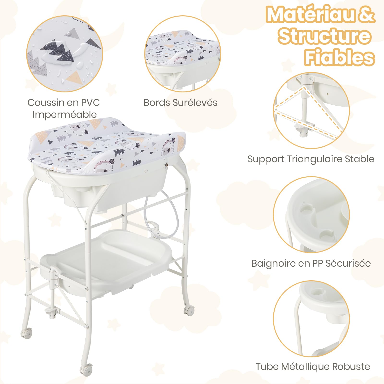 COSTWAY Table à Langer 2 en 1 avec Baignoire 20L Plateau de Rangement, Commode à Langer Pliable Couches Étanches Roue Universelle à Frein Charge 35KG, pour Bébé 0-12 Mois (Blanc)