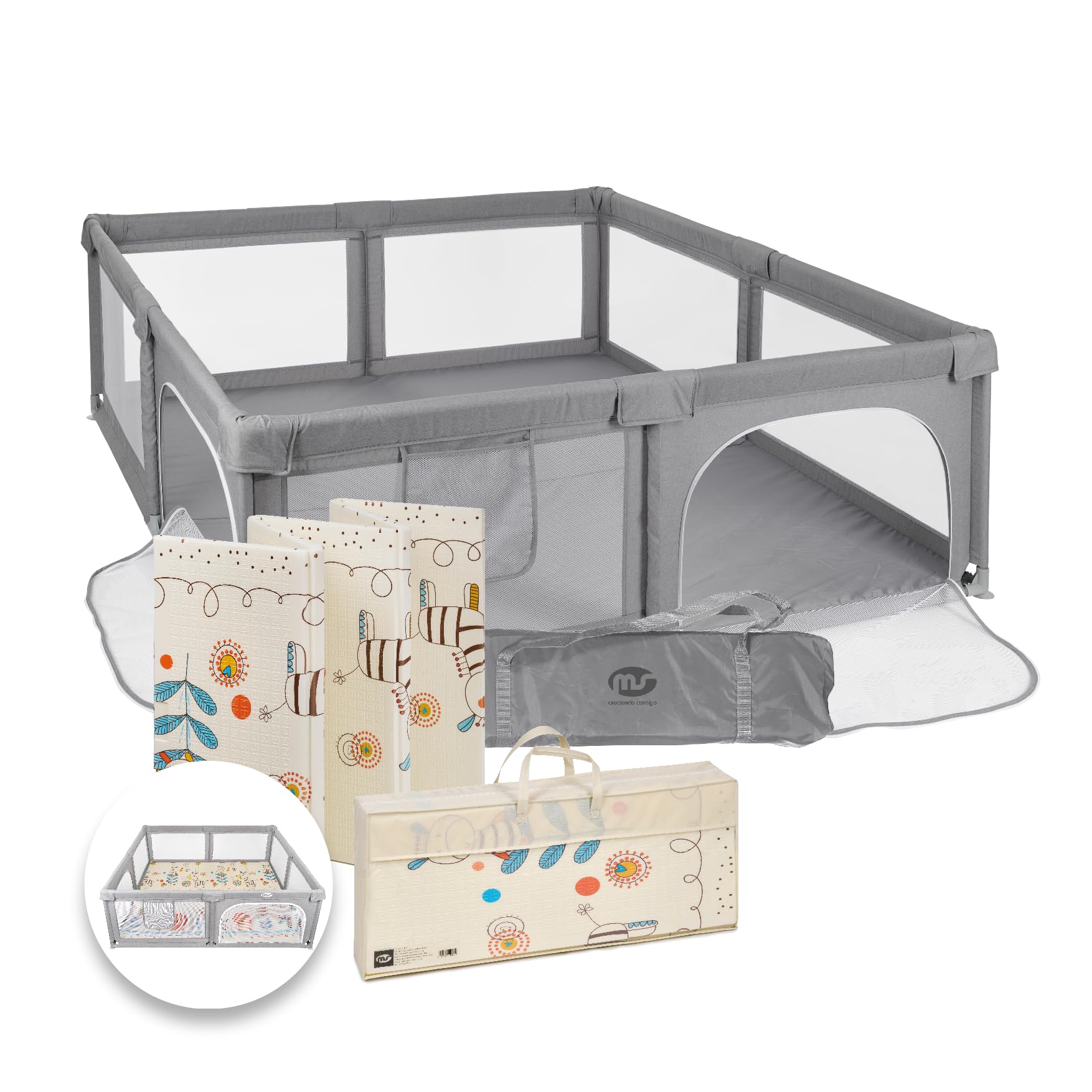 MS BabyWorld - Recinto per bambini XXL + Tappeto gioco per bambini 180 * 200 cm - Tappeto bifacciale, altamente imbottito (spessore 1,5 cm), Box molto grande e alto - pieghevole e con borsa trasporto