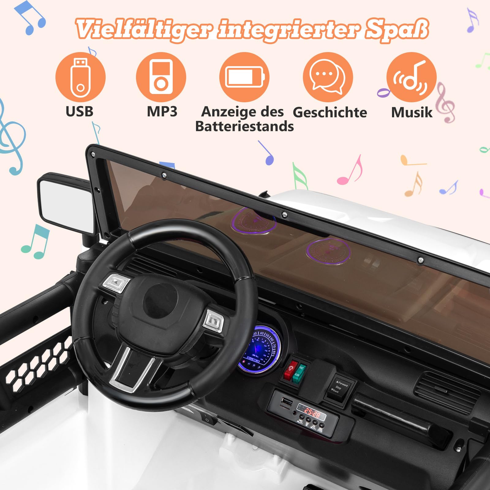 COSTWAY 2-Sitzer Elektroauto für Kinder, 24V Kinderfahrzeug mit Fernbedienung & Schaufel, Elektrofahrzeug mit Musik & Geschichten & USB & Hupe, Elektro Auto für Kinder ab 3 Jahren (Weiß)