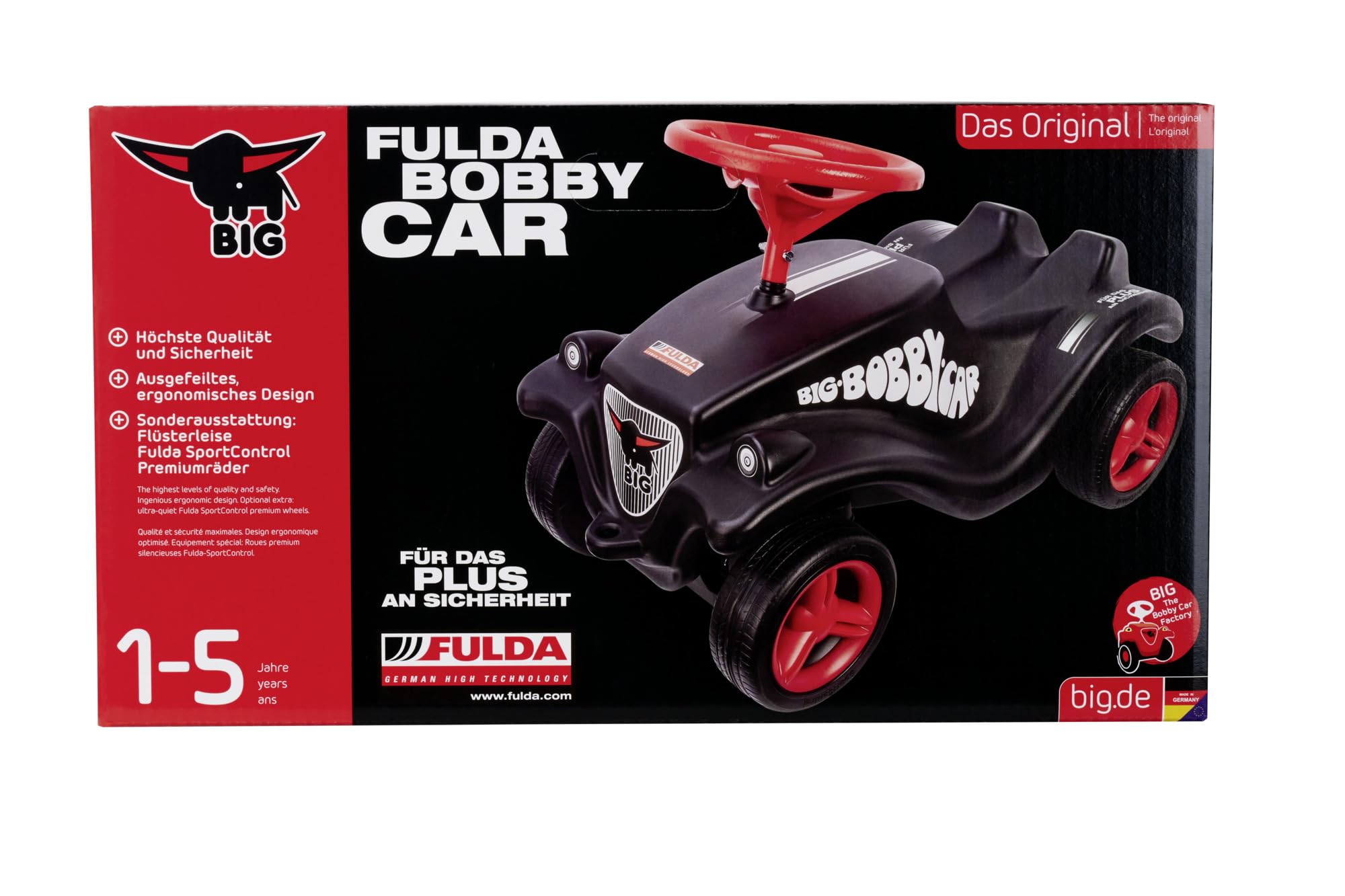 BIG-Bobby-Car Classic Fulda - Kinderfahrzeug mit Aufklebern im Fulda Design, für Mädchen und Jungen, belastbar bis zu 50 kg, Rutschfahrzeug für Kinder ab 1 Jahr, schwarz
