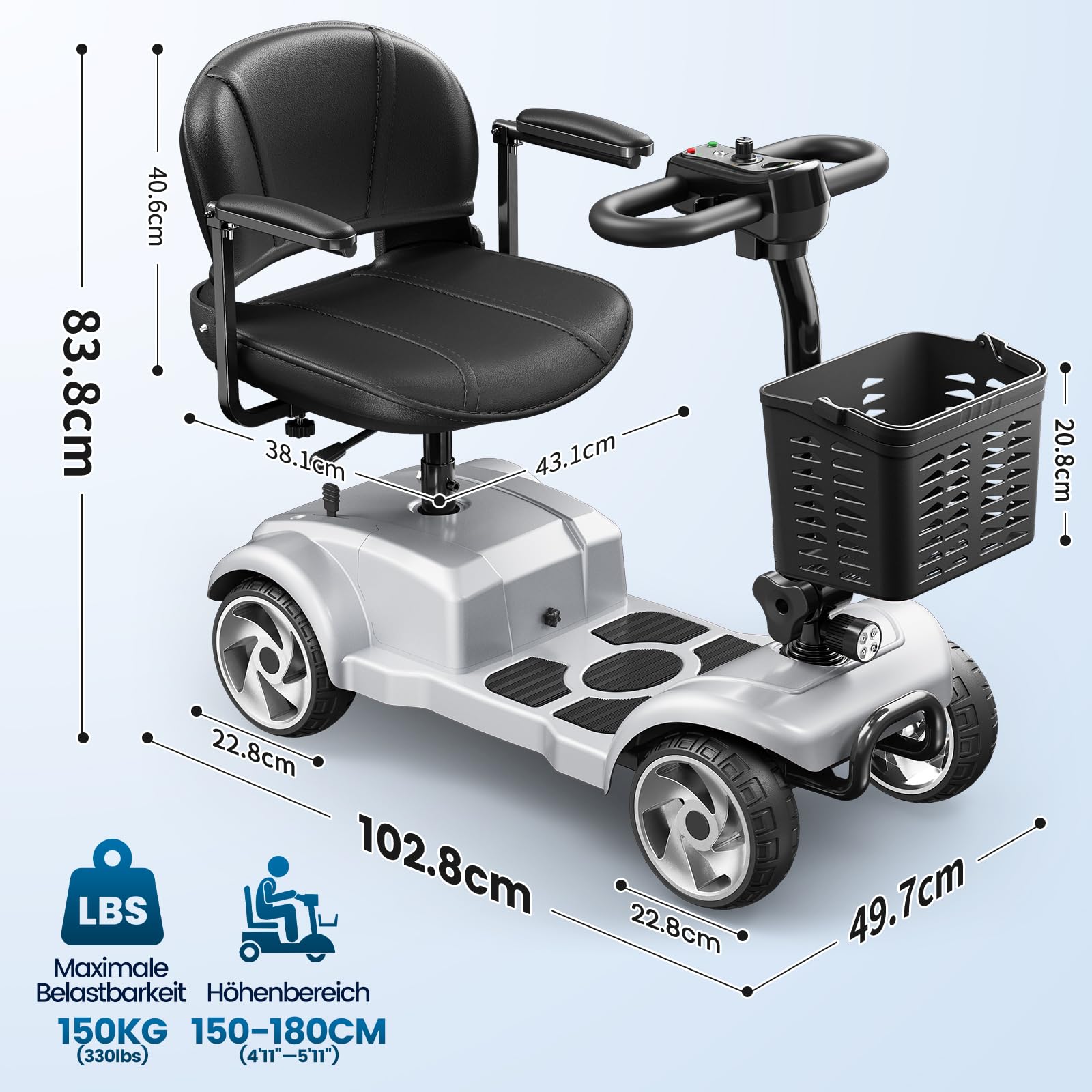 Seniorenmobil 4 Rad Klappbar Elektromobil für Senioren und Erwachsene 12AH Akku Elektrische Gehhilfe 20km Reichweite Faltbares Elektromobil mit Sitz und Korb bis 150kg für Privatgebrauch, Silber