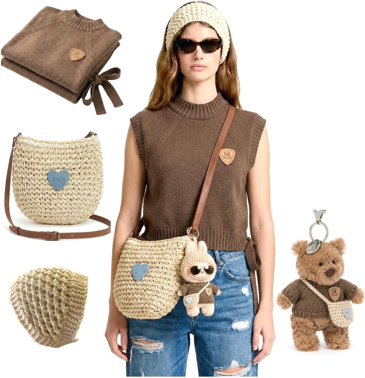 for jellycat Bunny -Jelly cat -Jellycat Keychain - or Labubu pop mart 5-8" Matching 3pcs for Owner Brown (Medium Size) Vest, Woven Bag, Headband Visit Our Store for the Other Collections in Photos