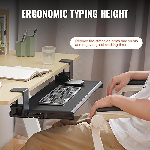 Miniatura 5 de VEVOR Bandeja para teclado con abrazadera debajo del escritorio, bandeja deslizante para teclado con soporte resistente de abrazadera C sin