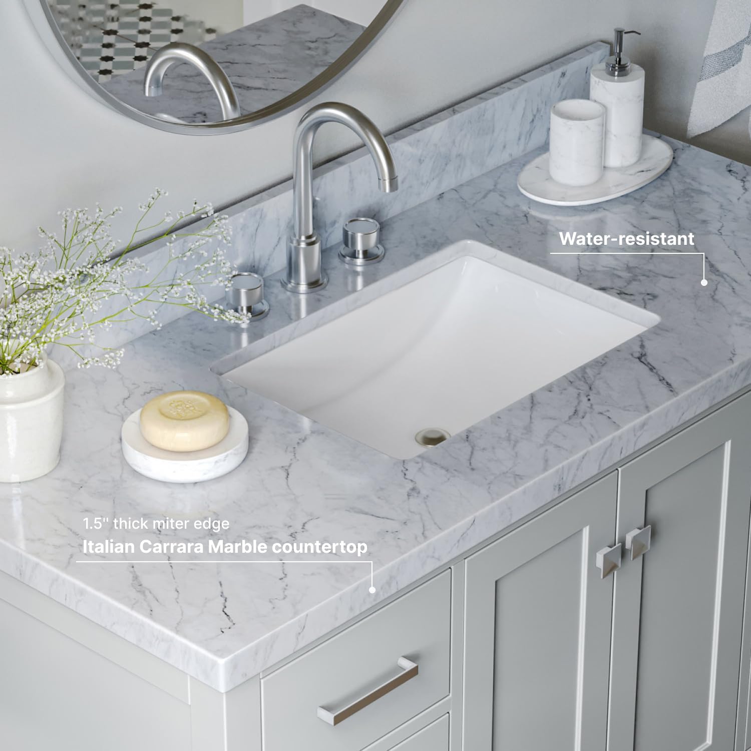 ARIEL Cambridge 48-inch Bathroom Vanity with Sink,Solid Wood, 1.5-inch Italian Carrara Marble Countertop, Single Rectangular Porcelain Sink, 2 Soft Closing Doors, 9 Dovetail Drawers, Grey