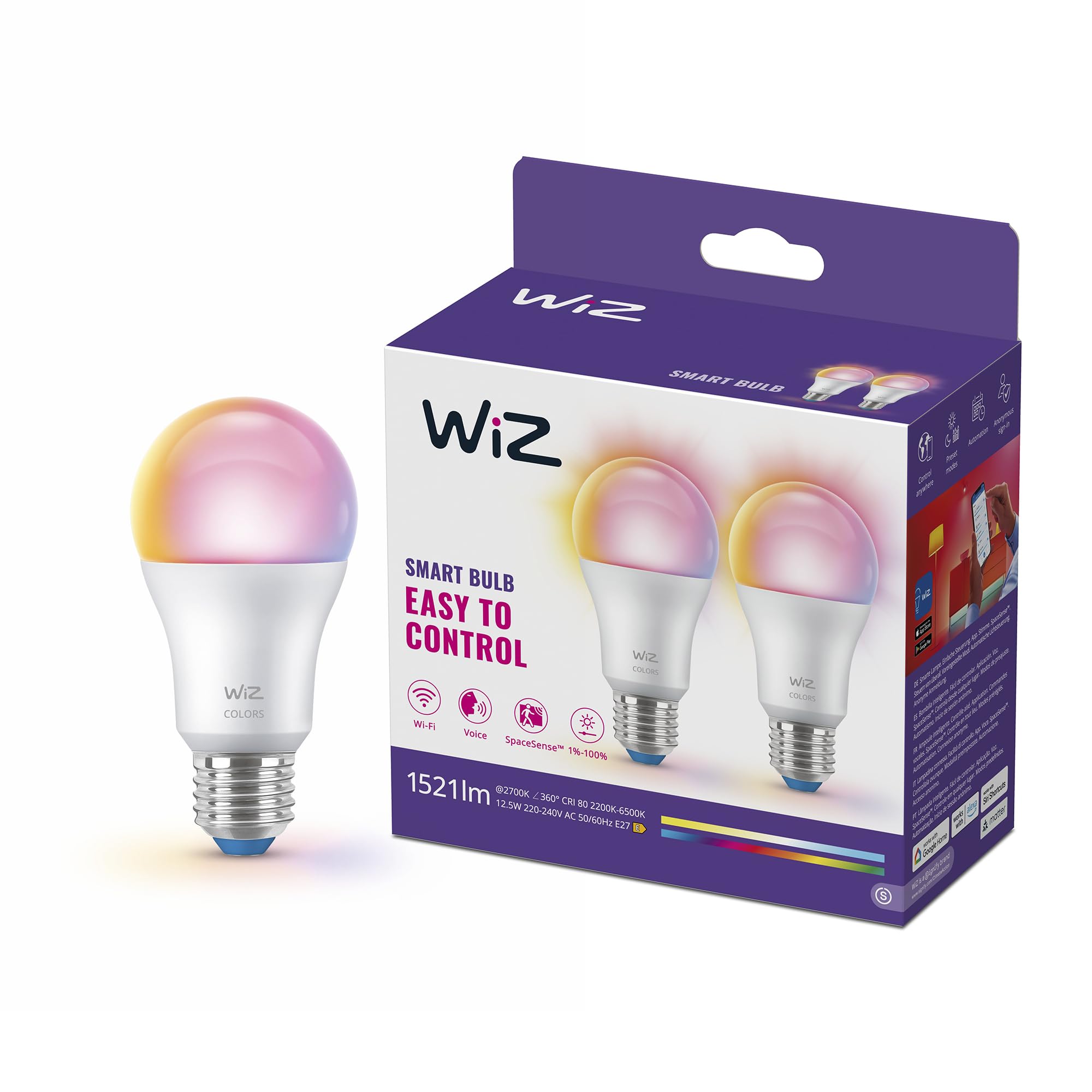 Ampoule LED WiZ Connectée A60 Multicolore E27 - Pack de 2