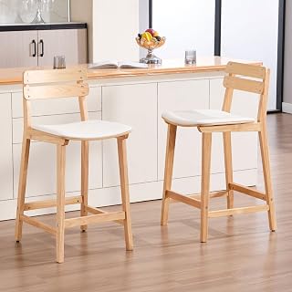 chairus Juego de 2 Sillas de Bar Maderas Sillas Altas de Cocina Estilo Francesa,Taburetes de Bar Rústica Taburetes Altos de Mostrador con Asiento Cuero para Hogar/Restaurante,Blanco