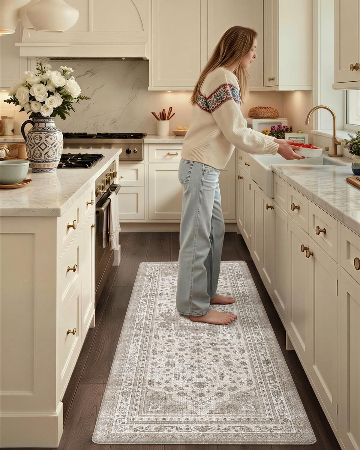 color&geometry kitchen floor mats anti fatigue, cushioned boho rugs,waterproof non slip kitchen runner for sink, standing mats for office,24"x59",beige 59"l x 24"w x 0.4"th boho-beige