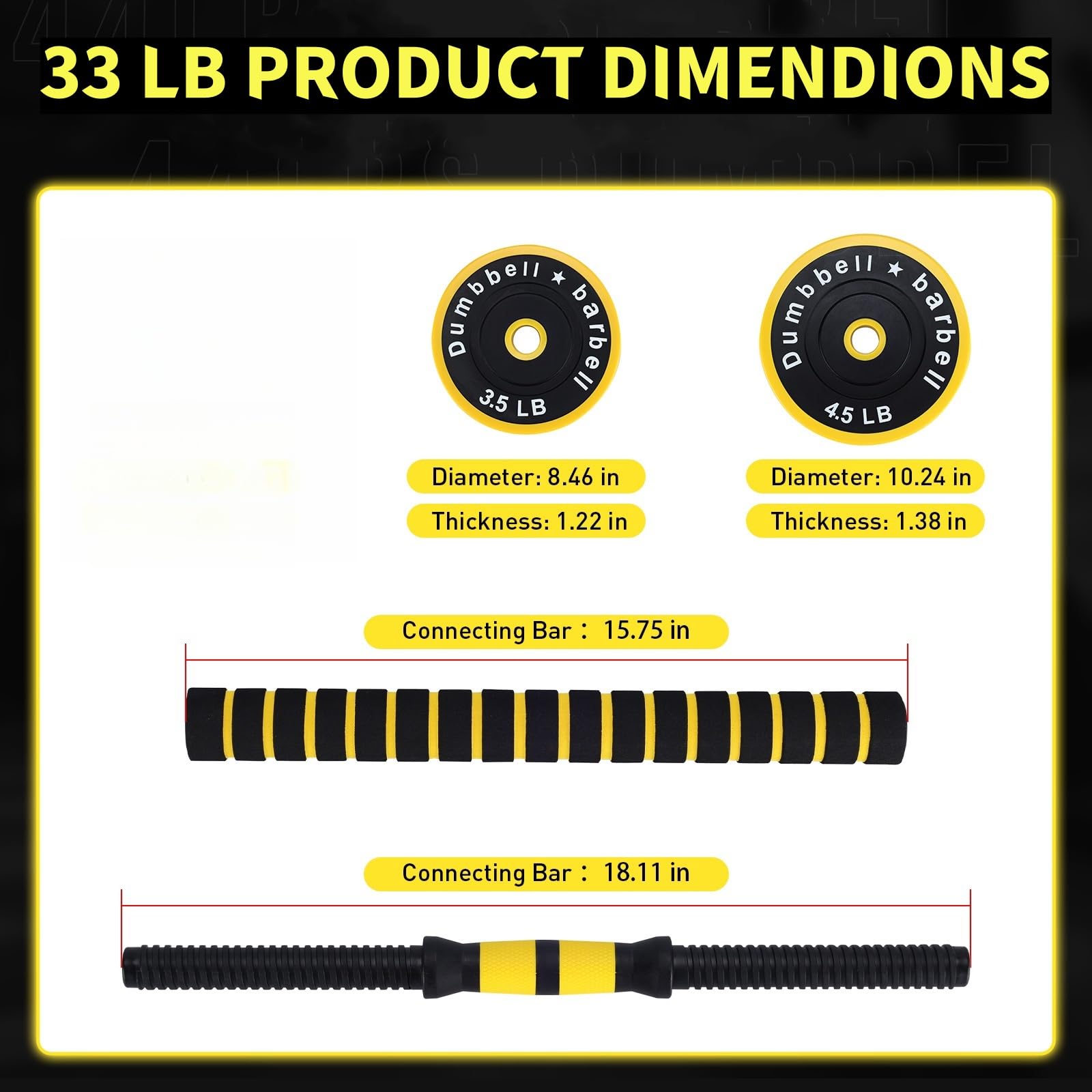 Dumbbell Sets Adjustable Weights, 33 Lb Free Weights Dumbbells Set for Home Gym