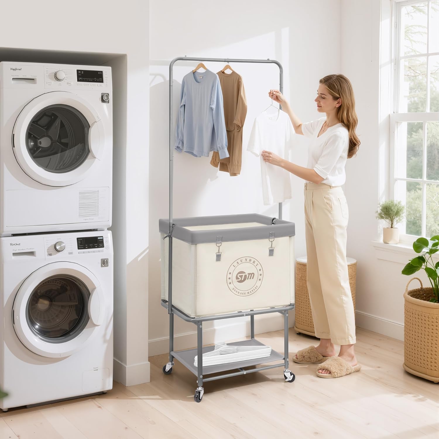 STORAGE MANIAC Rolling Laundry Cart with Hanging Bar & Storage Shelf, 110L Heavy Duty Large Laundry Basket with Clothes Hanging Rod, Study Clothes Hamper with Lockable Wheels, Beige