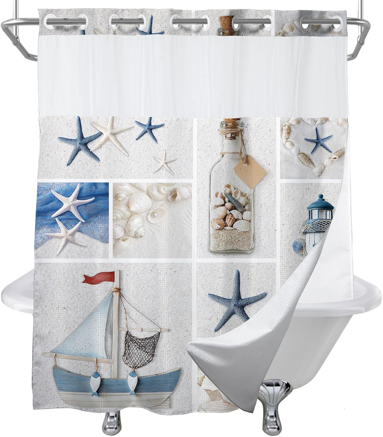 White Abstract Beach Theme No Hook Waffle Weave Shower Curtain with Snap in Liner Summer Ocean Coastal Nautical Modern Bathroom Decor Set 72 W x 74 H Inch Blue