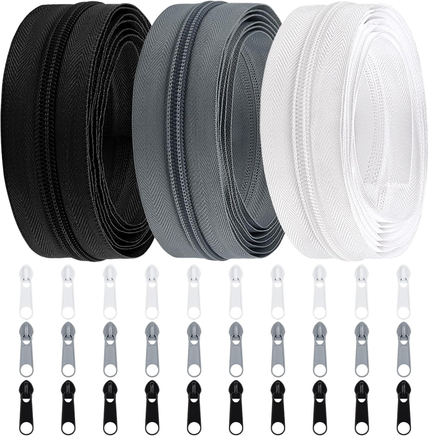 #5 Nylon Coil Zippers by The Yard Bulk 10 Yards 9 Meters with 20pcs Zipper Sliders for DIY Sewing Tailor Craft Bag Garment Home Textile (Black White Grey, #5)