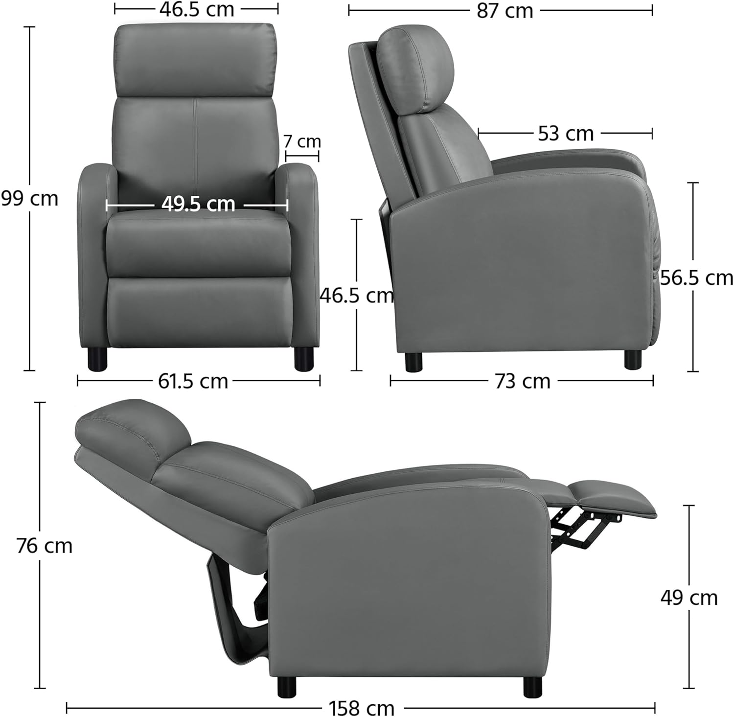 Diagram showing detailed dimensions of the Yaheetech Sofa Relax Armchair in upright and reclined positions