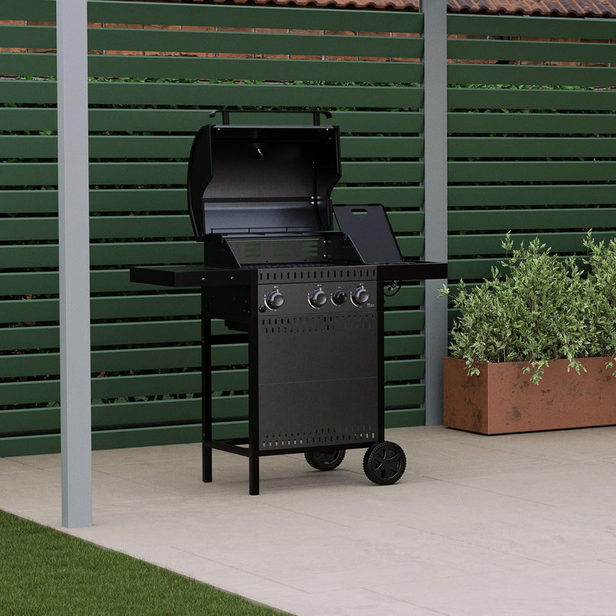 Charles Bentley Grey Ottimo 310 3-Burner Gas Bbq With Built-In Thermometer, Side Burner, Cast-Iron Cooking Grids, Side Burner, Matt- Powder-Coated Finish & Easy-Move Trolley Design (116X58x110cm)