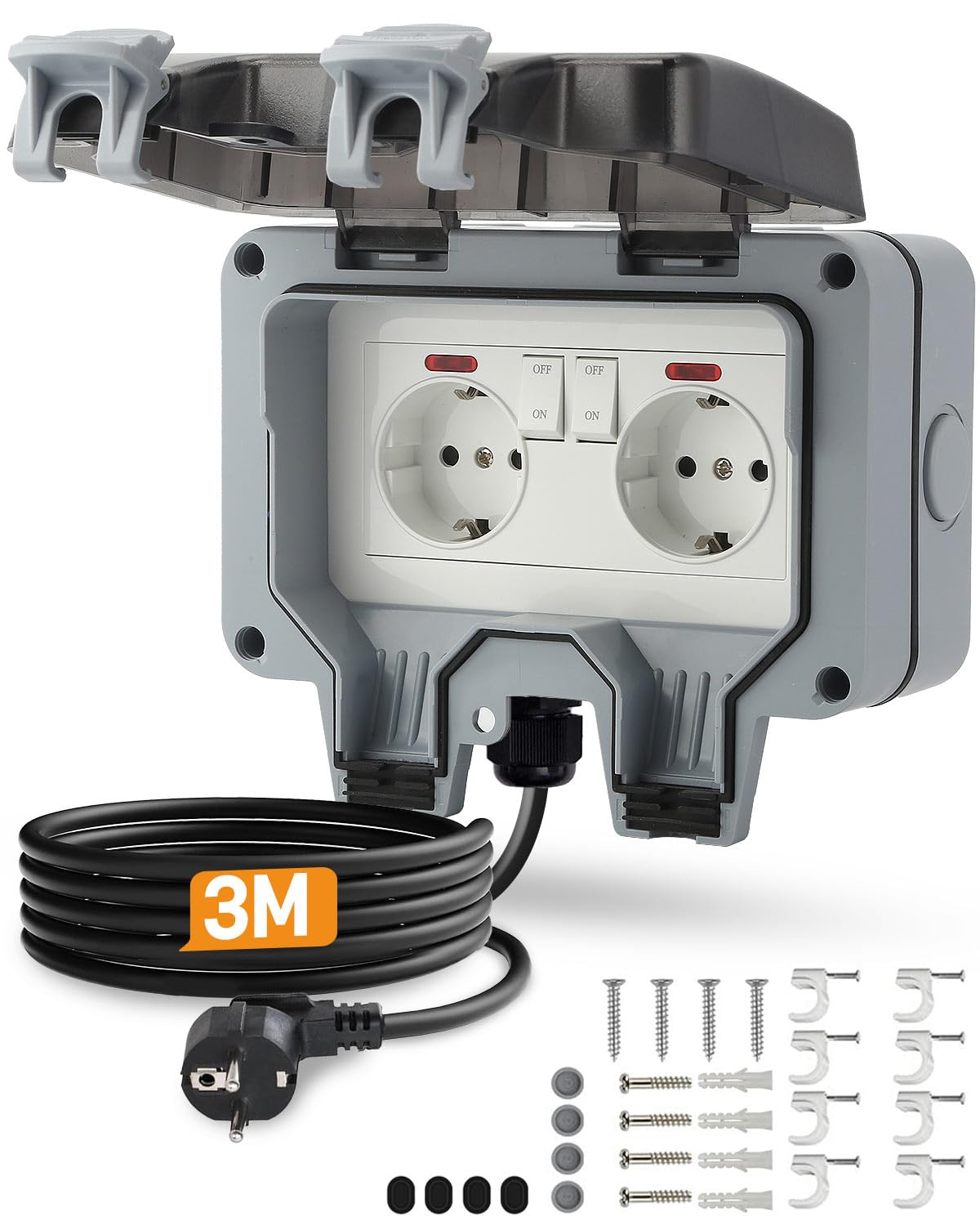 Außensteckdose Wasserdicht mit 3M Kabel, IP66 Steckdose 2 Fach Outdoor 16A Gartensteckdose mit Klappdeckel, Schalter Kontrollleuchte, für Garten Garage Wäscherei Außenbereich