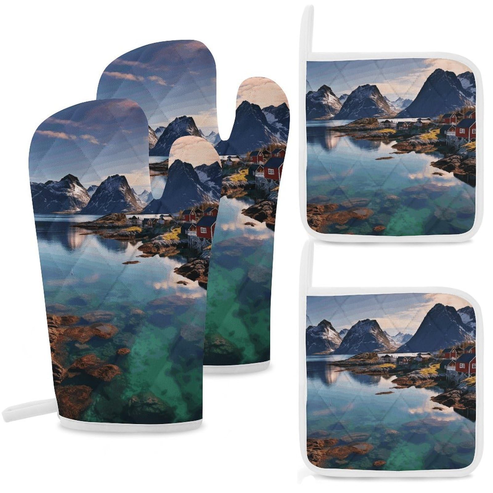 Norway Islands Oven Mitts and Pot Holders Sets Heat Resistant Oven Glove with Hanging Loop for Baking Cooking BBQ Thicken Potholders for Kitchen