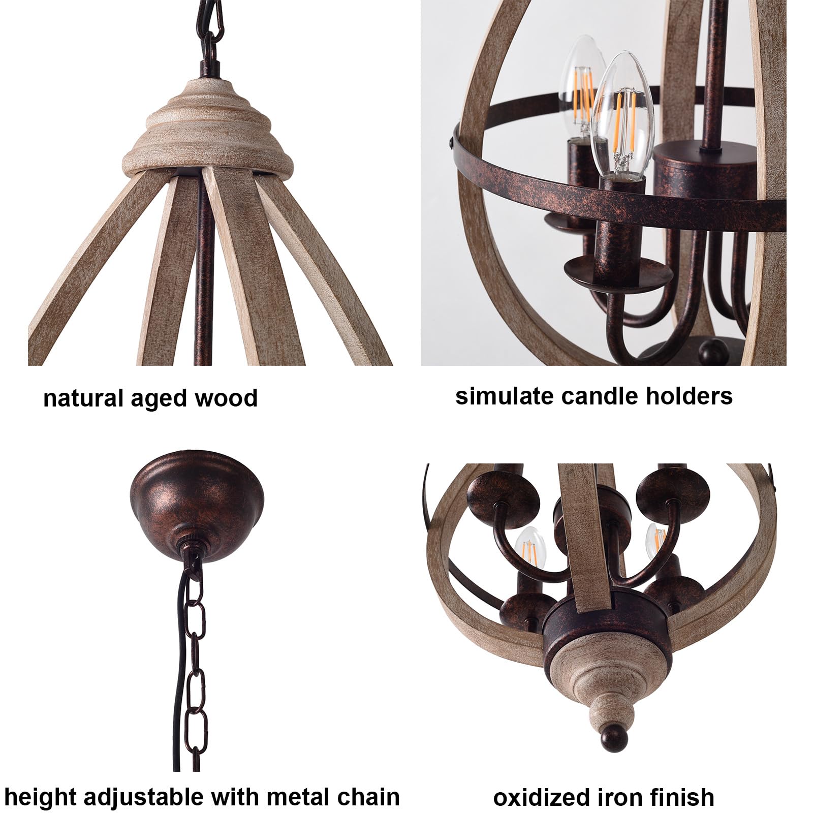 Alpinaluz Lampa Wisząca 4x E14 z Naturalnego Drewna z Łańcuchem | Drewno i metal w rdzawej optyce, Ø32 x 55 cm, regulowany łańcuch 90 cm, włącznik ścienny, do jadalni lub holu
