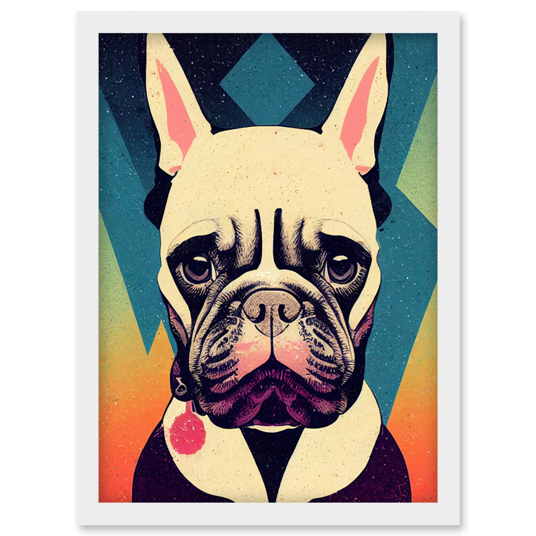 Wee Blue Coo French Bulldog Portrait Geometric Pastel Modern Illustration Artwork Framed Wall Art Print A4