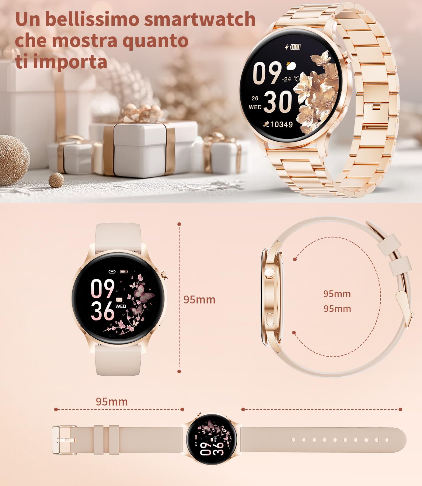 Smartwatch Donna, 1.32" AMOLED Orologio Intelligente Donna con Chiamate Bluetooth, 100+ Modalità Sportive Fitness Tracker con 2 Cinturini, Podometro, Smart Watch per Android iOS (Oro rosa)