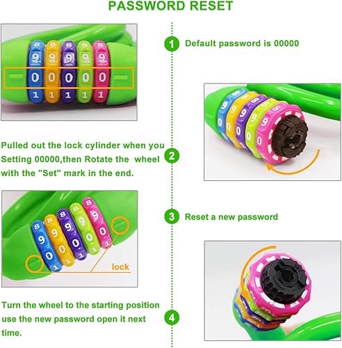 Miniatura 4 de Cable de bloqueo de bicicleta  Candado de cable reiniciable de 4 pies  Candado de bicicleta con combinación de 5 dígitos autoenrollable (verde)