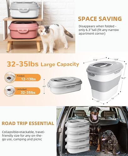 Miniatura 9 de Contenedor de almacenamiento de alimentos para perros de 30 a 35 libras, contenedor plegable de comida para perros con tapas herméticas, ruedas