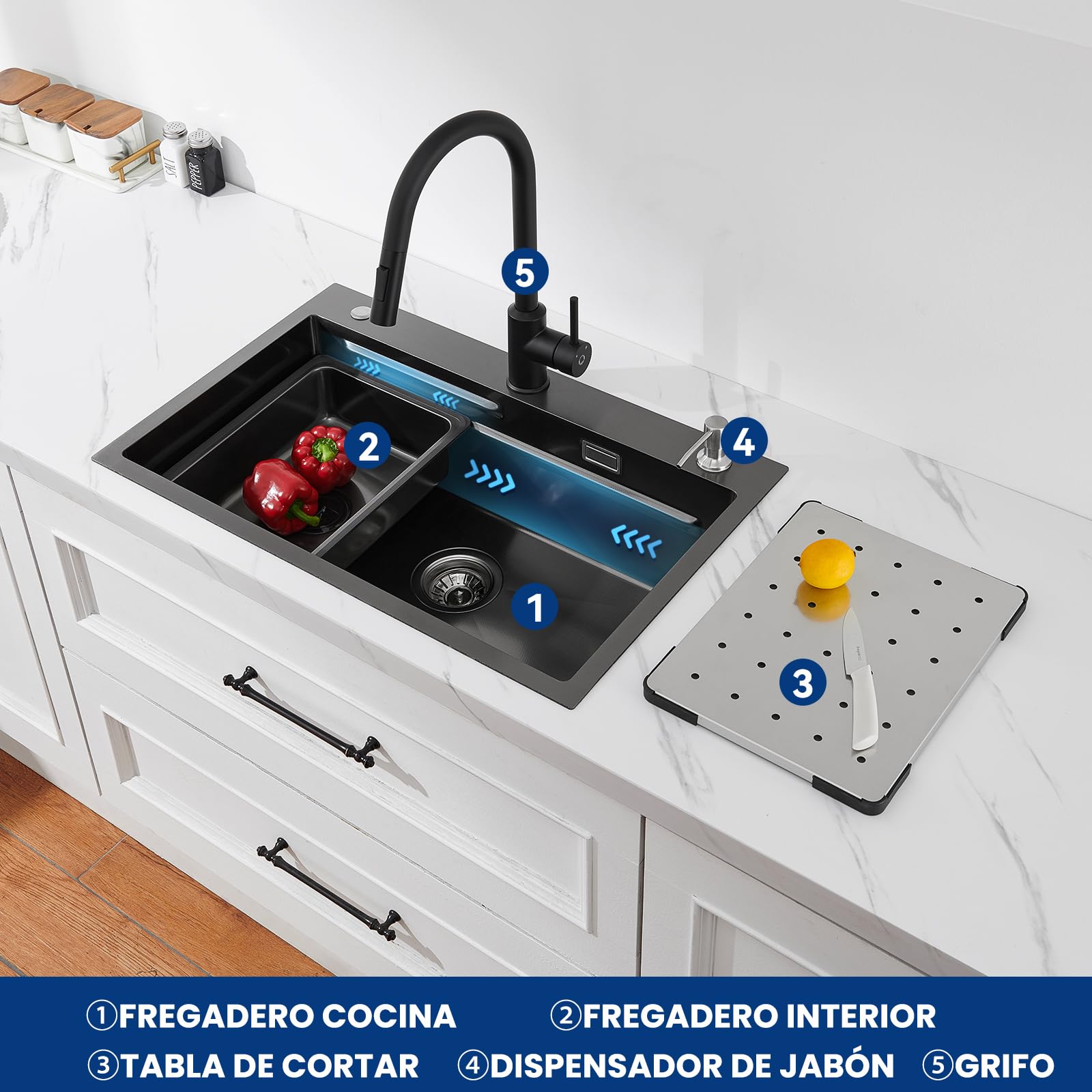 CECIPA Fregadero Cocina 1 Seno 70x45 cm Antracita Grifo Cocina SET