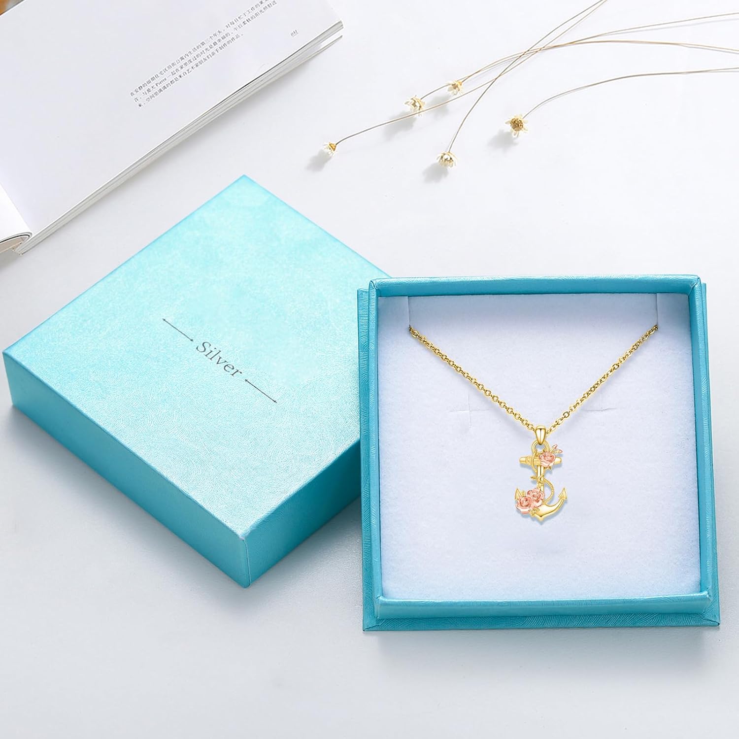 Anchor Necklace for Women 925 Sterling Silver Anchor Pendant Necklace with Rose Charm Jewelry Gifts for Women
