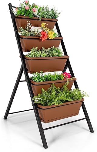 Giantex Maceta vertical elevada, camas de jardín elevadas con orificio de drenaje de agua, cajas independientes de 5 contenedores para cultivo de
