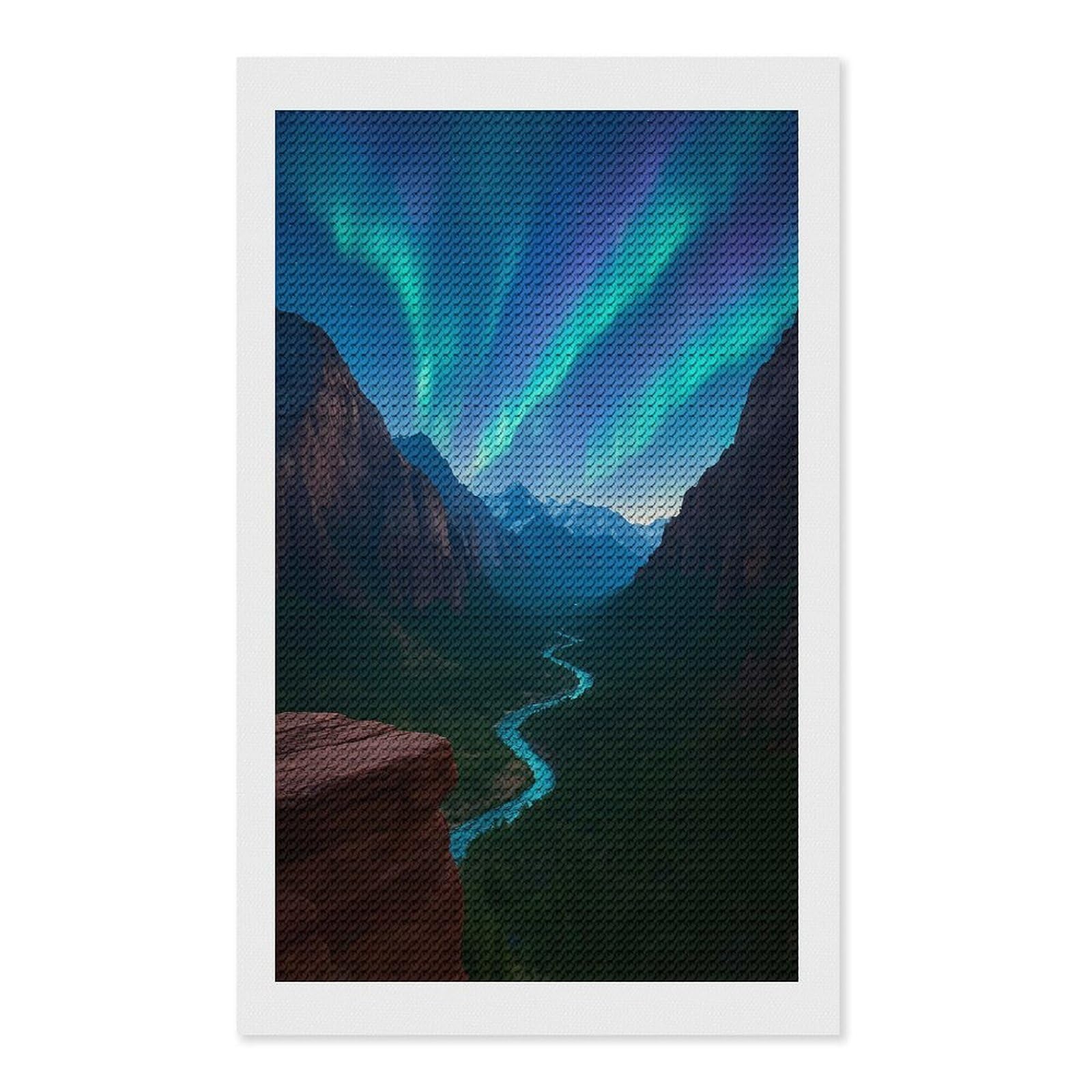Junmoney Aurora Borealis Over Mountain River Valley Diamond Painting Canvas Kit 12"x20", Adhesive Canvas, Living Room Decor, Farmhouse Decor, Winter Craft