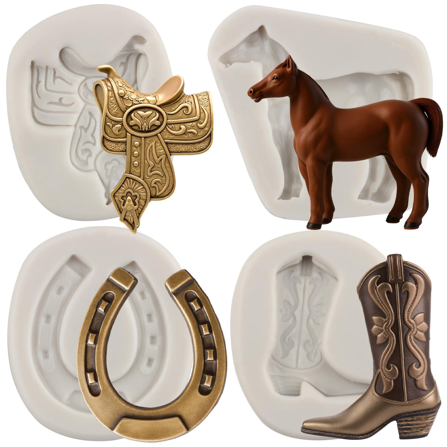 Horse Silicone Moulds Horseshoe Hoof Fondant Moulds Cowboy Boot Candy Mould Saddle Mould for Cake Decorating Cupcake Topper Polymer Clay Candy Chocolate Gum Paste Set of 4