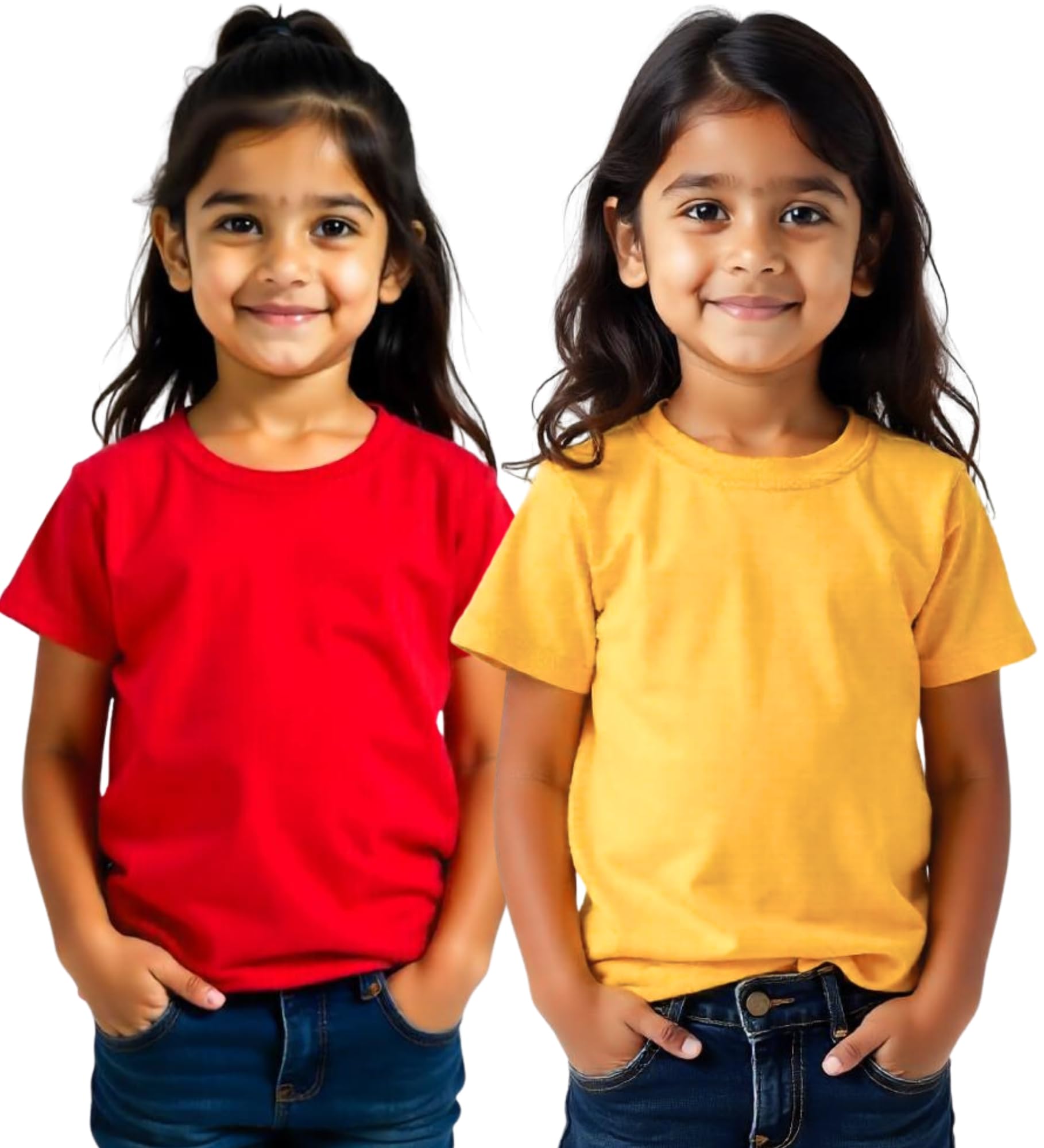 Hangout Hub|Girls Solid Tshirt|Breathable Fabric|Red Yellow|5-6Y|Set of 2