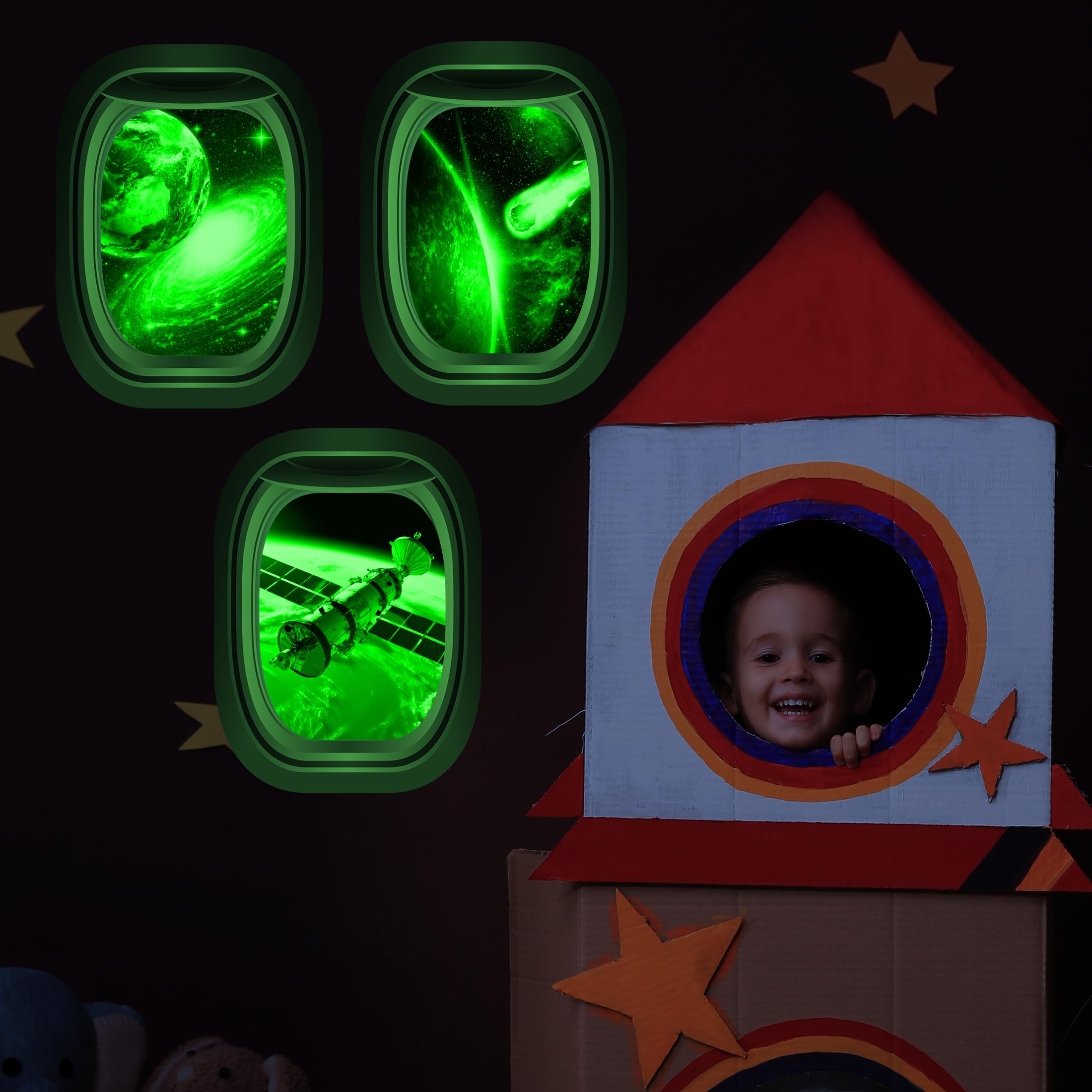 Calcomanías de pared 3D de galaxia que brillan en la oscuridad, juego de 3 calcomanías de planeta cápsula, calcomanías falsas de estrella para ventana, calcomanía de pared para habitación de