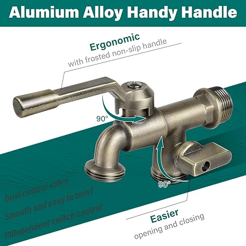 Miniatura 5 de Grifo de agua para jardín al aire libre con doble salida, grifo de agua de jardín montado en la pared exterior con dos válvulas de bola de latón de