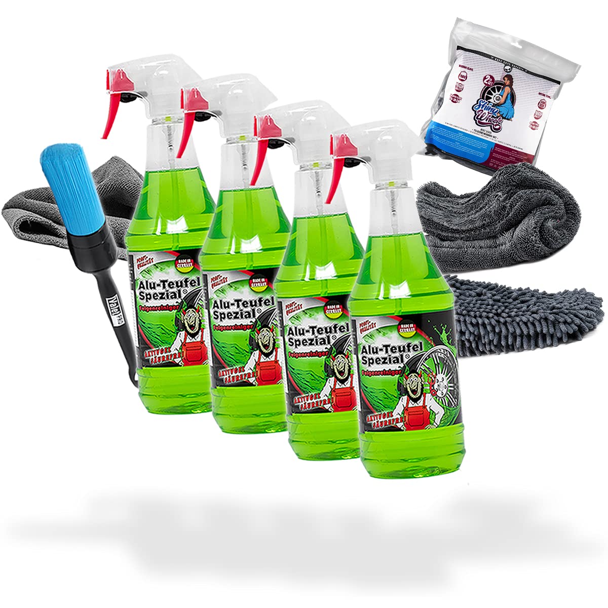 detailmate Juego de Limpieza de Llantas: 4X Tuga Chemie ALU-Teufel 1L Limpiador de Llantas + Juego Nuke Guys Shiny Wheels con paño y manopla Lavado + Cepillo para Llantas ValetPRO + paño Microfibra