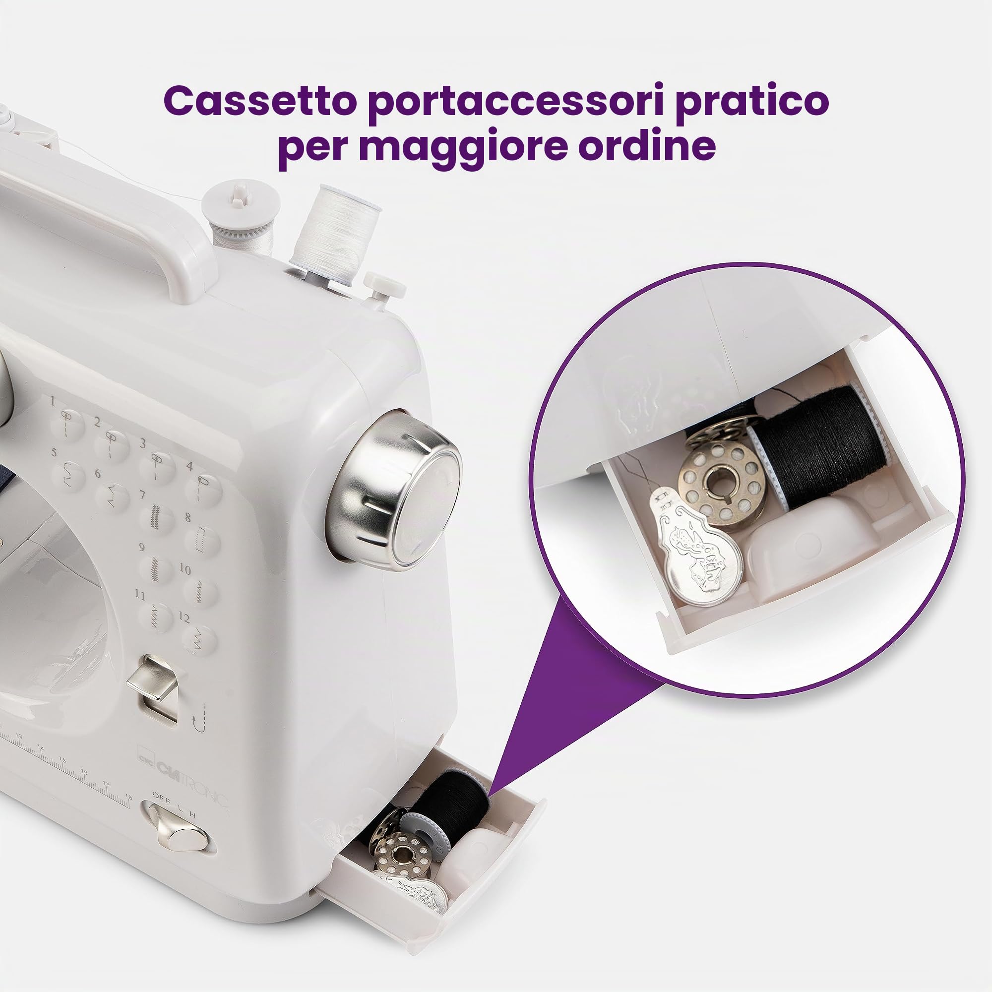 Clatronic Macchina da cucire per principianti con 12 punti | Sewing Machine con funzione di cucitura avanti e indietro e 2 livelli di velocità, con funzionamento a batteria o a rete e luce LED