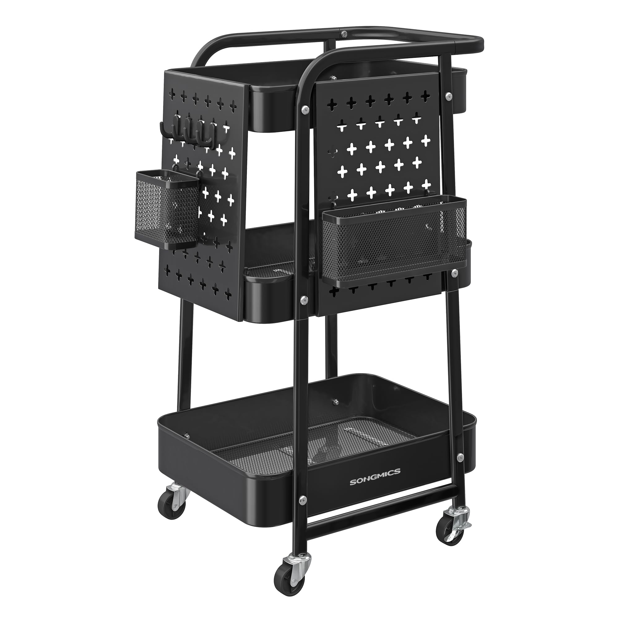 SONGMICS Kitchen Trolley 3 Metal Mesh Shelves Serving Trolley 2 Removable Perforated Plates 2 Hanging Baskets 4 Hooks for Office Kitchen Living Room Bathroom Ink Black LRC037B01-image-14