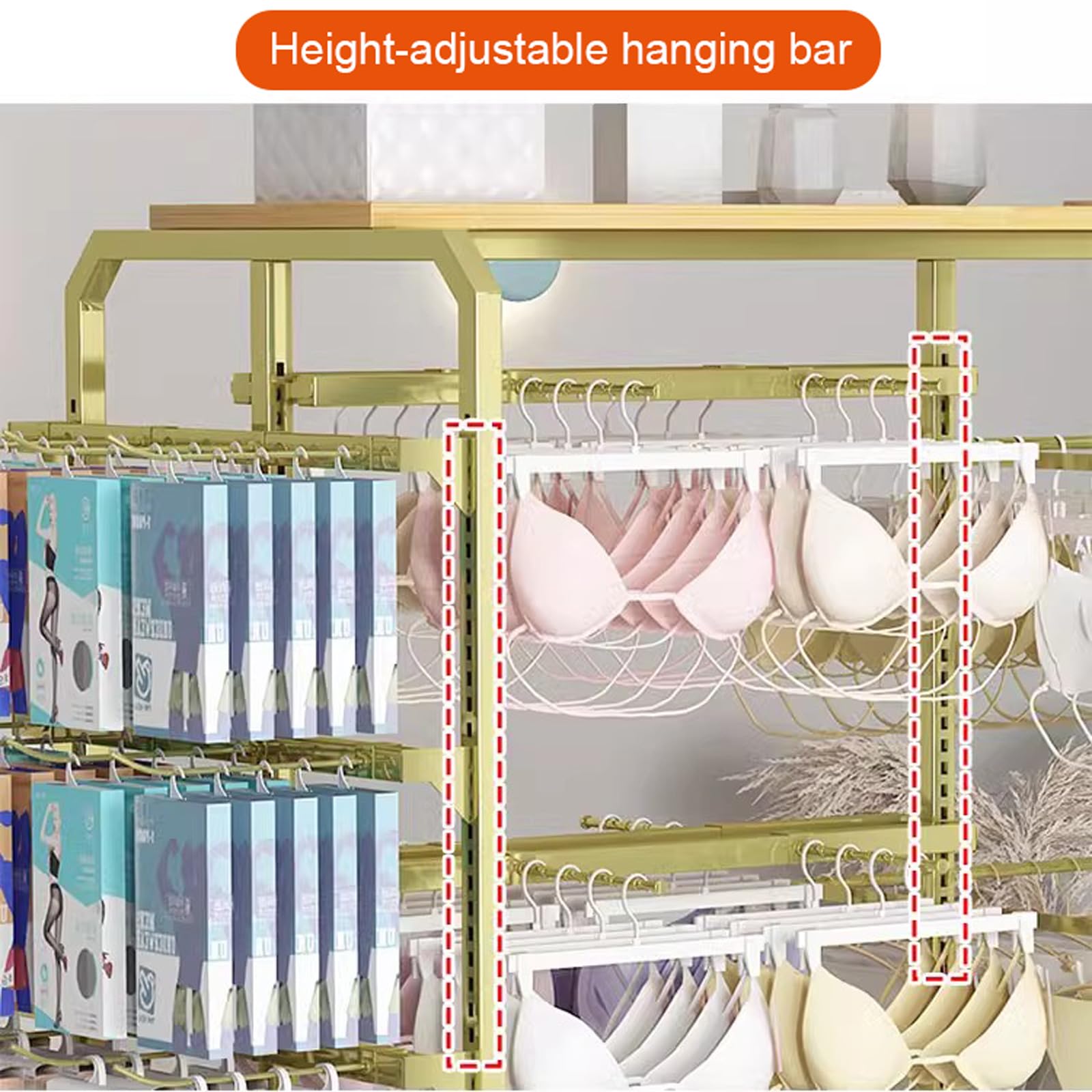Espositore Regolabile a Doppia Faccia per Biancheria Intima, Appendiabiti in Metallo da Pavimento per Negozi di Lingerie e Sciarpe.