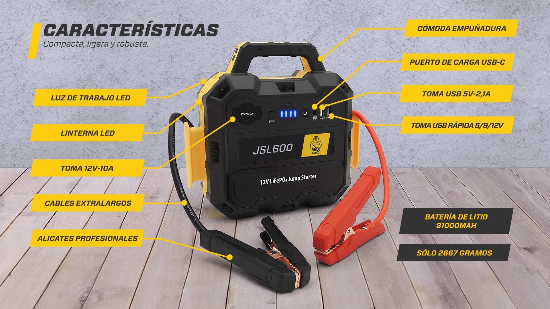 Maxtools, JSL600, Arrancador de Emergencia Profesional 12V 3600A para Coches, todoterrenos, vehículos Todo Terreno, autocaravanas y vehículos comerciales, Pack de batería y Cargador rápido QC3.0