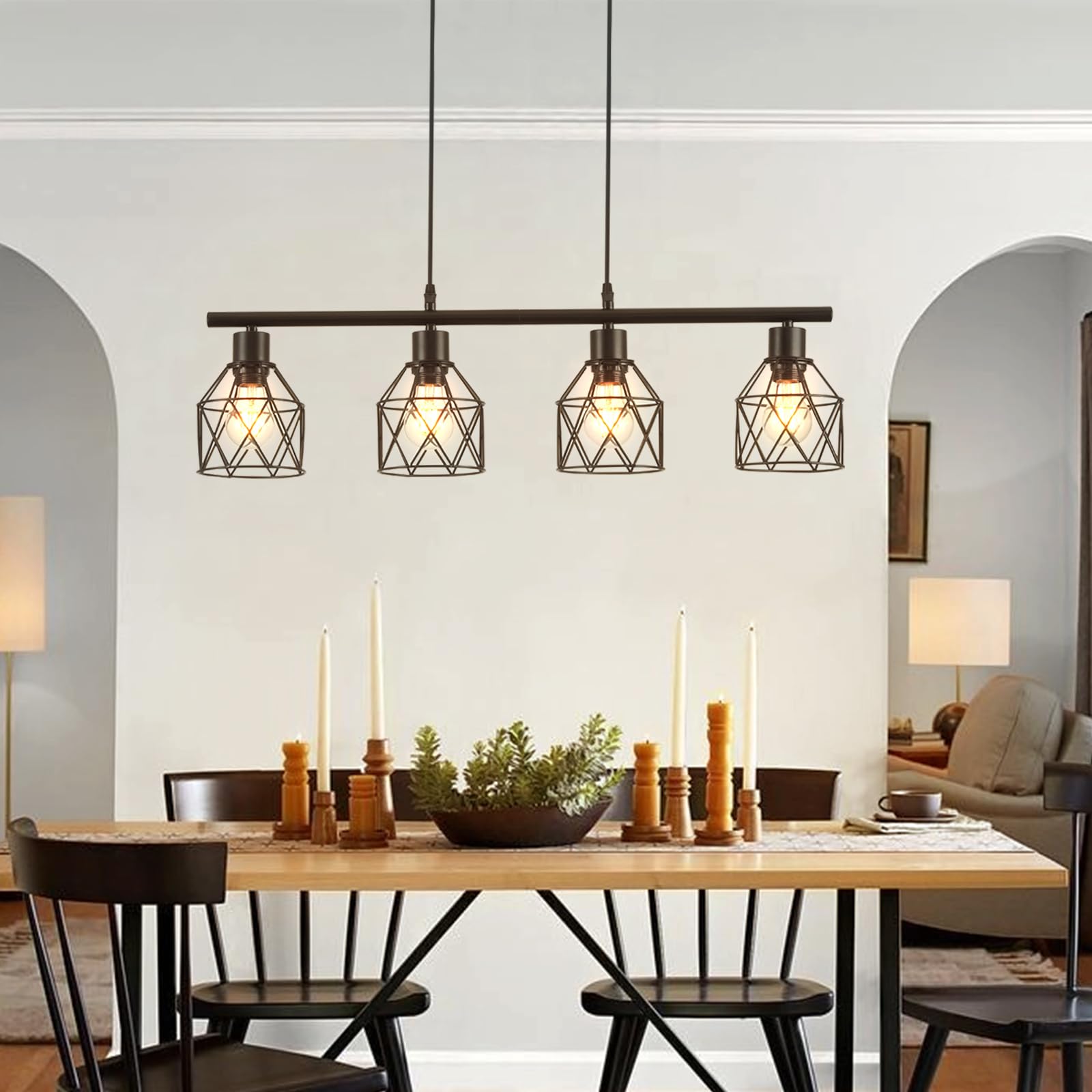 Lampadario a Sospensione Vintage Industriale, 4 Luci Lampada da Soffitto in Metallo E27, Lampada a Sospensione Retrò per Cucina a Isola e Tavolo da Pranzo, Nero, 75 x 13 x 140 cm