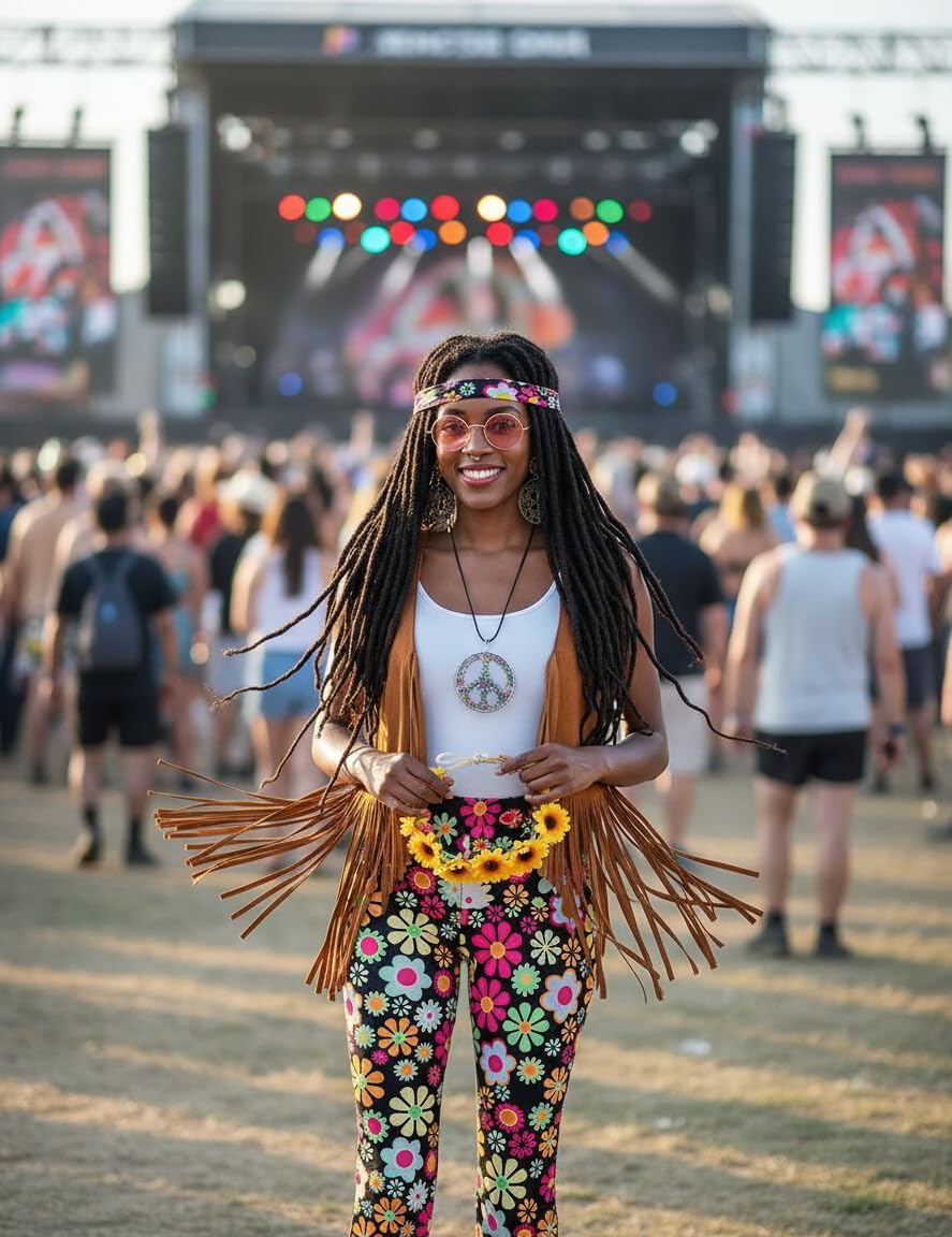 8PCS Hippie Costume Women,60s 70s disco Outfit, Pants, Fringe Vest, Glasses, Floral Crown Headbands, Accessories - Image 5