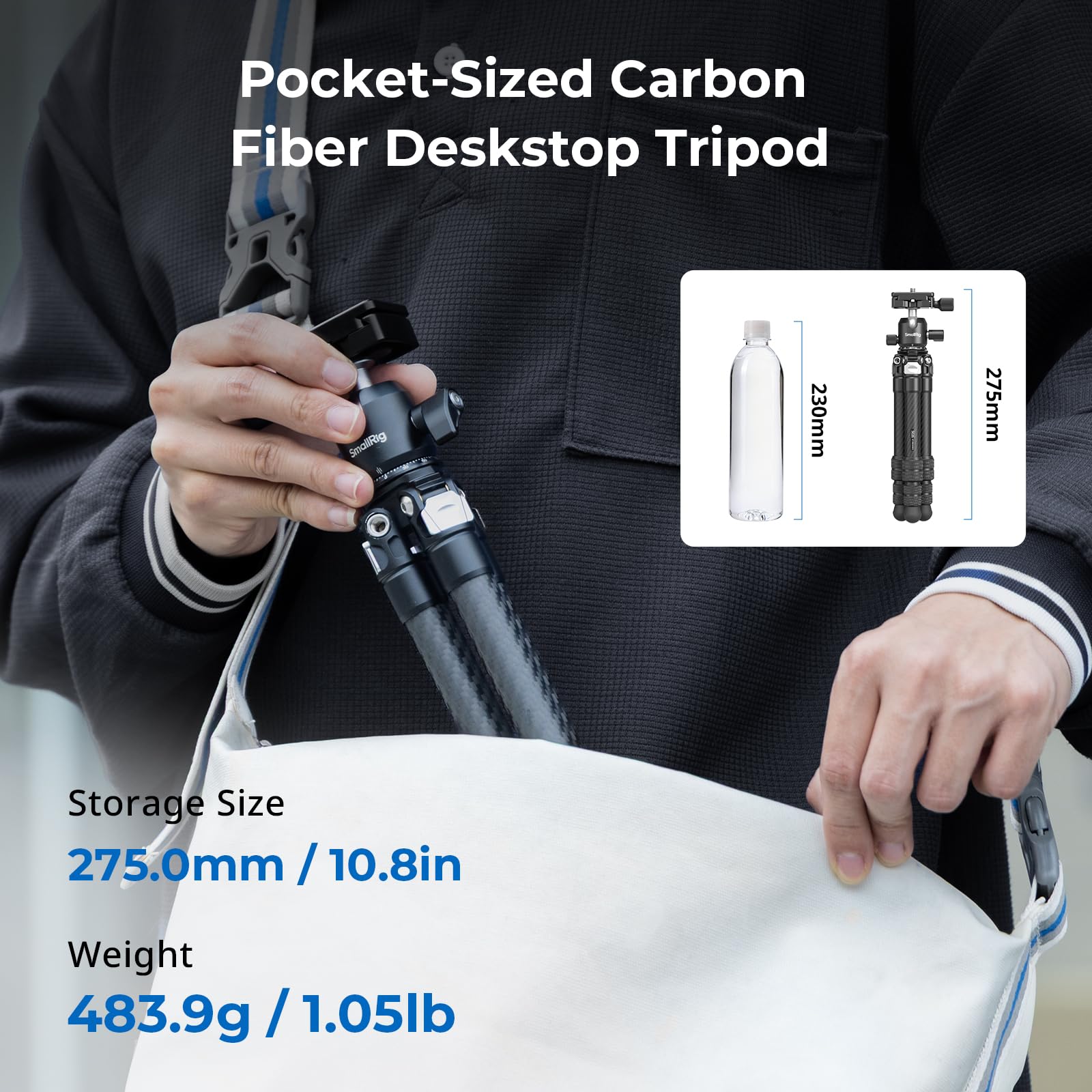 SMALLRIG Mini Treppiede da Tavolo in Fibra di Carbonio, Kit Treppiede da 15,5'' / 39,5 cm con Testa a Sfera a 360°, Capacità della testa a Sfera 3 kg / 6,6 Libbre per Fotocamere, DSLR, Obiettivi