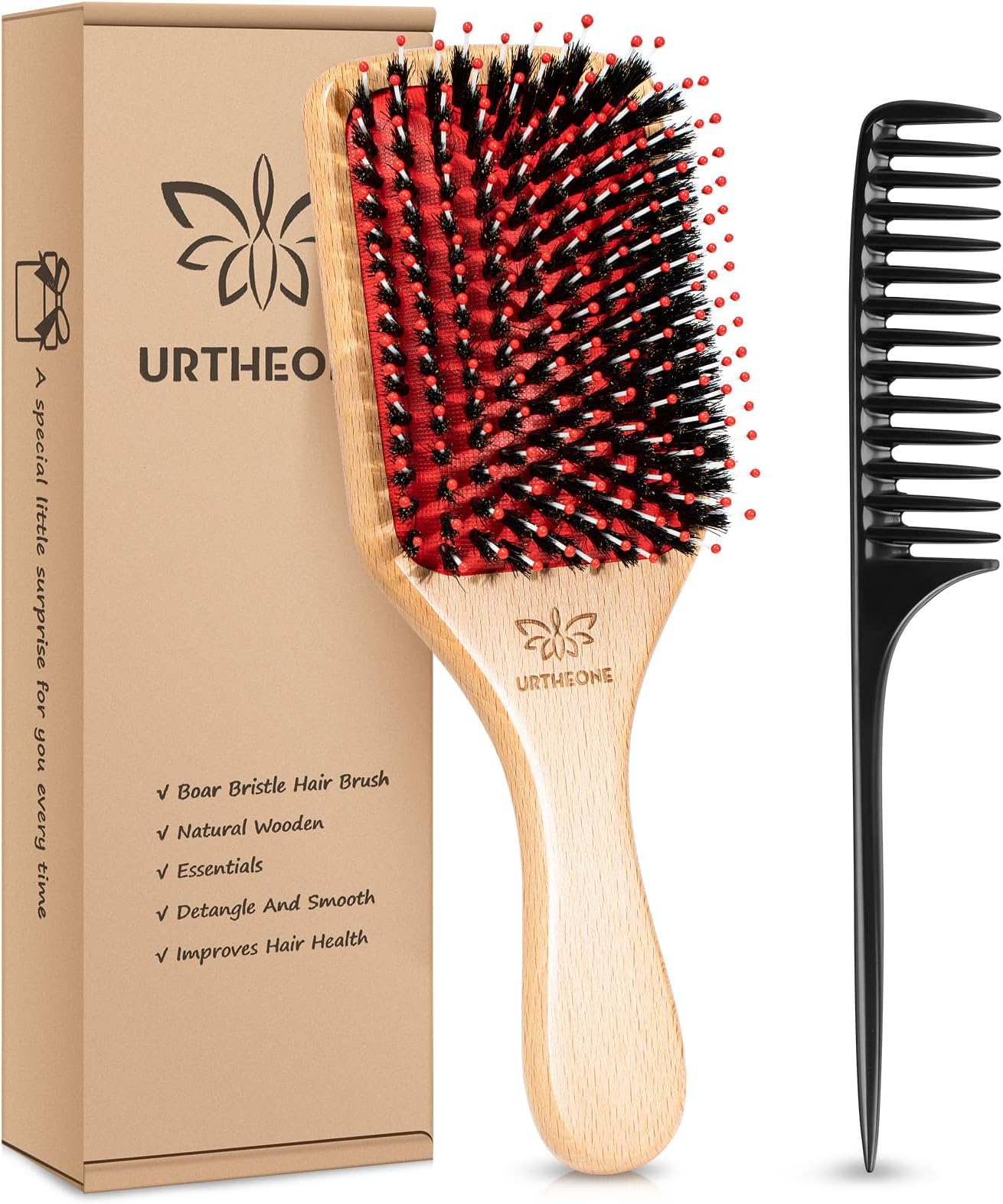 URTHEONE Hair Brush,Boar Bristle Hair Brushes and Hair Comb Set for Women Men Kids, Best Natural Wooden Paddle Hairbrush for Wet or Dry Hair