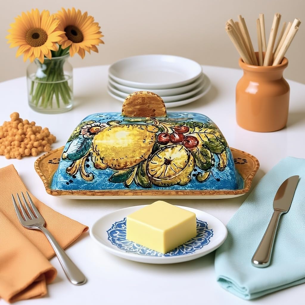 CERAMICHE D'ARTE PARRINI- Italian Ceramic Butter Dish Art Pottery Hand Painted Collection Pattern Amalfi Lemons Made in ITALY Tuscan Florence