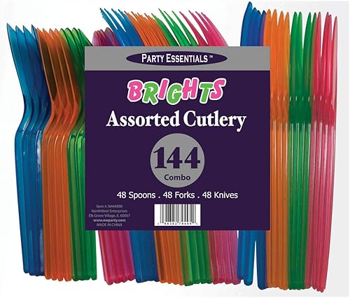 Miniatura 6 de Party Essentials Paquete combinado de cubiertos de plástico duro de alta resistencia, 144 piezas48 lugares, varios brillantes neón