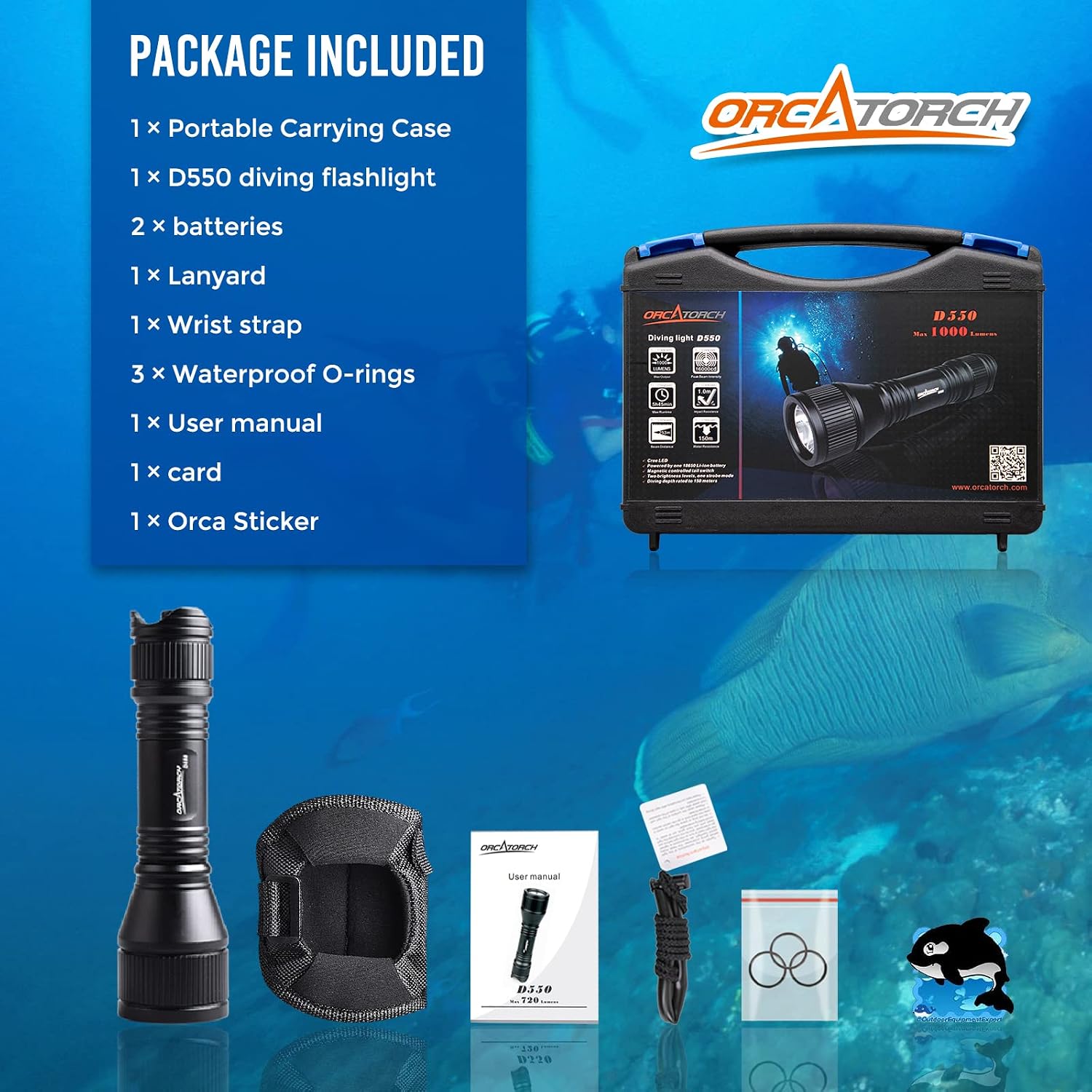 ORCATORCH D550 Dive Light & SD03 Dive Beacon 4-Color-in-1 (Blue, Red, White, Green) Bundle image 5