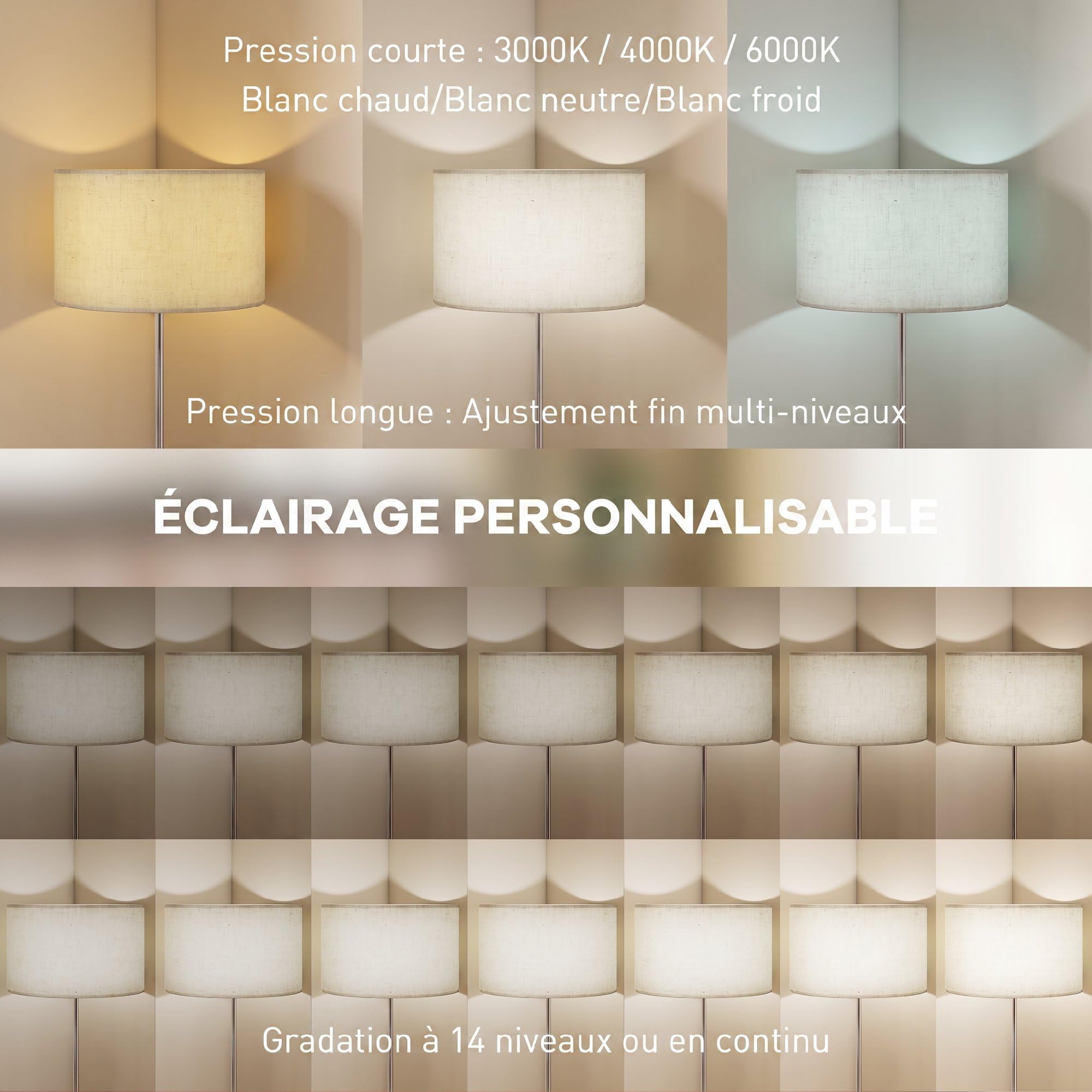 HOMCOM Lampadaire Salon avec Télécommande Hauteur Réglable 133-168cm Argent