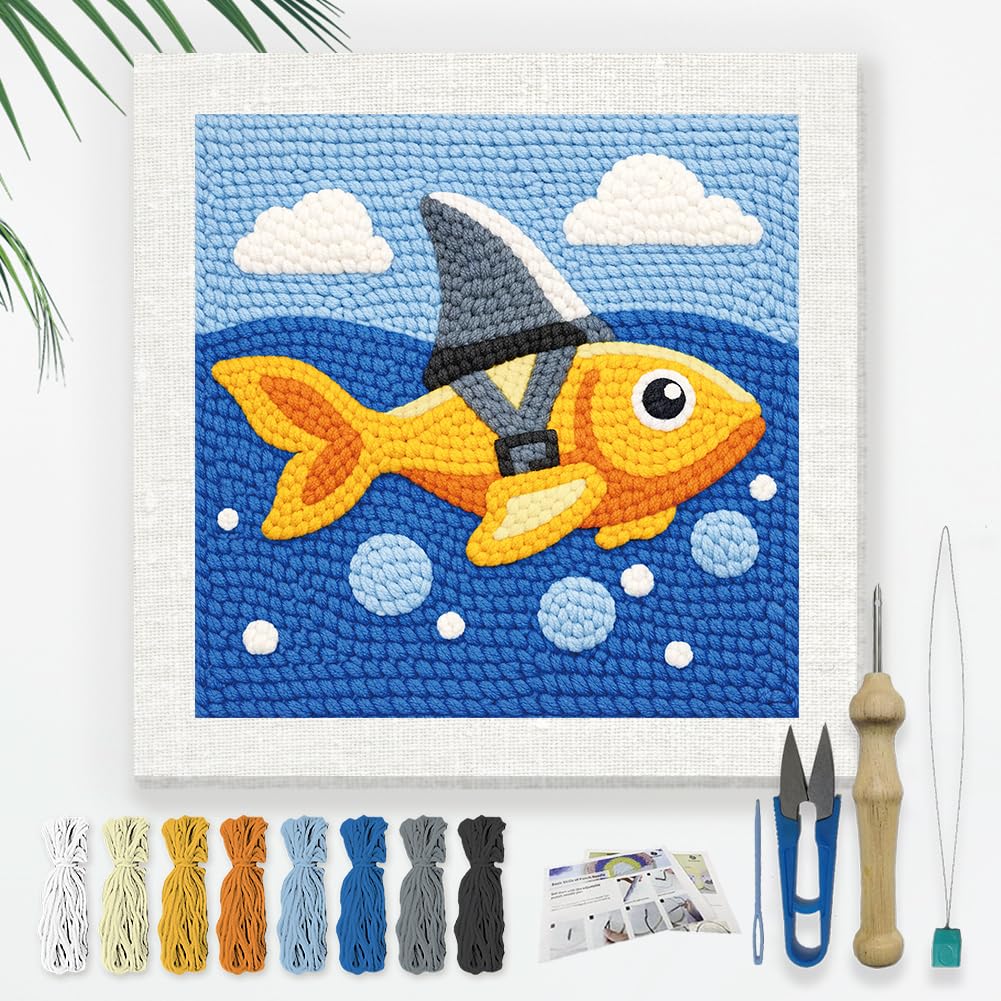 DOODLREAM Cartoon Fish Needle Kit for Beginner, 24x24cm Cute Ocean Animal Punch Stitching Craft Set, Modern DIY Embroidery Starter with Printed Frame, Instruction, Threader, Yarn, Pinch Needle