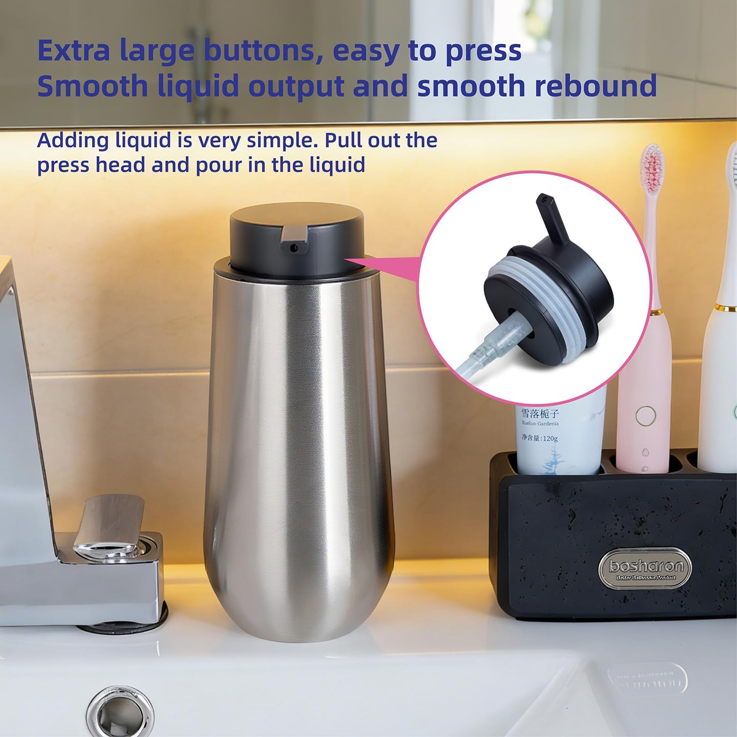 Thickened Double-Wall Stainless Steel Liquid Soap Dispenser for Dish Soap & Hand Soap, 15.2 oz (Brushed Stainless Steel)