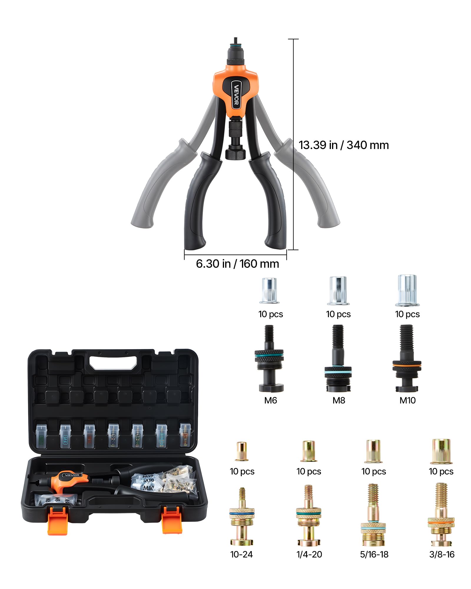 VEVOR Kit Rivettatrice per Inserti Filettati a Due Mani da 360 mm, con 7 Mandrini e 70 Dadi, con Robusta Custodia per Il Trasporto, per Montaggi Metallici, Mobili, Autoveicoli e Riparazioni DIY