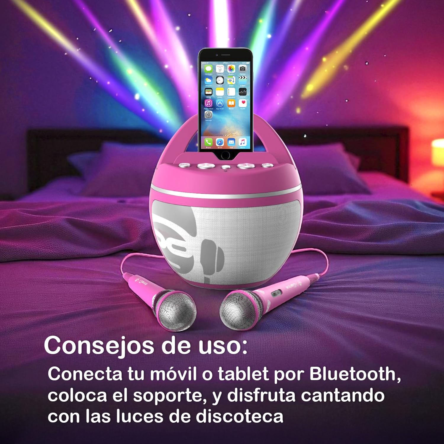 Cefa Toys - iDance Speaker Karaoke Party Ball - Color Rosa - Altavoz Karaoke Bluetooth con 2 Micrófonos Inalámbricos y Luces de Discoteca - 40W Portátil con Batería Recargable - Soporte para Móvil y T
